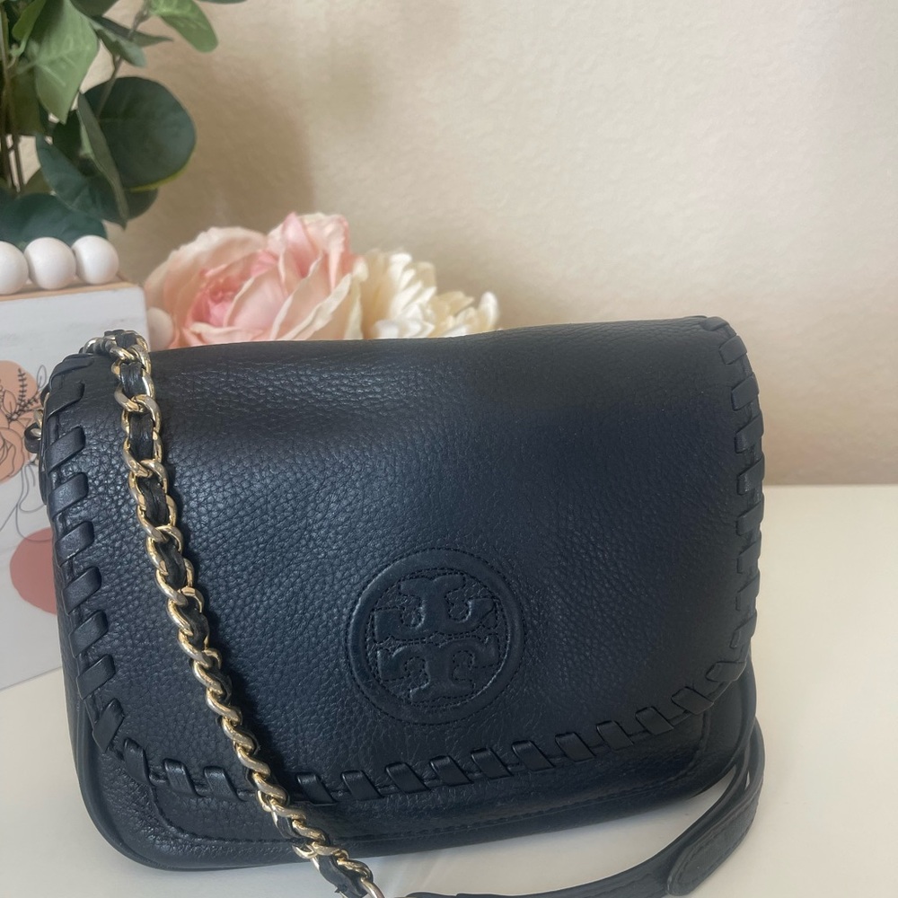 Tory Burch Black Pebble Leather Crossbody Bag with Gold Chain